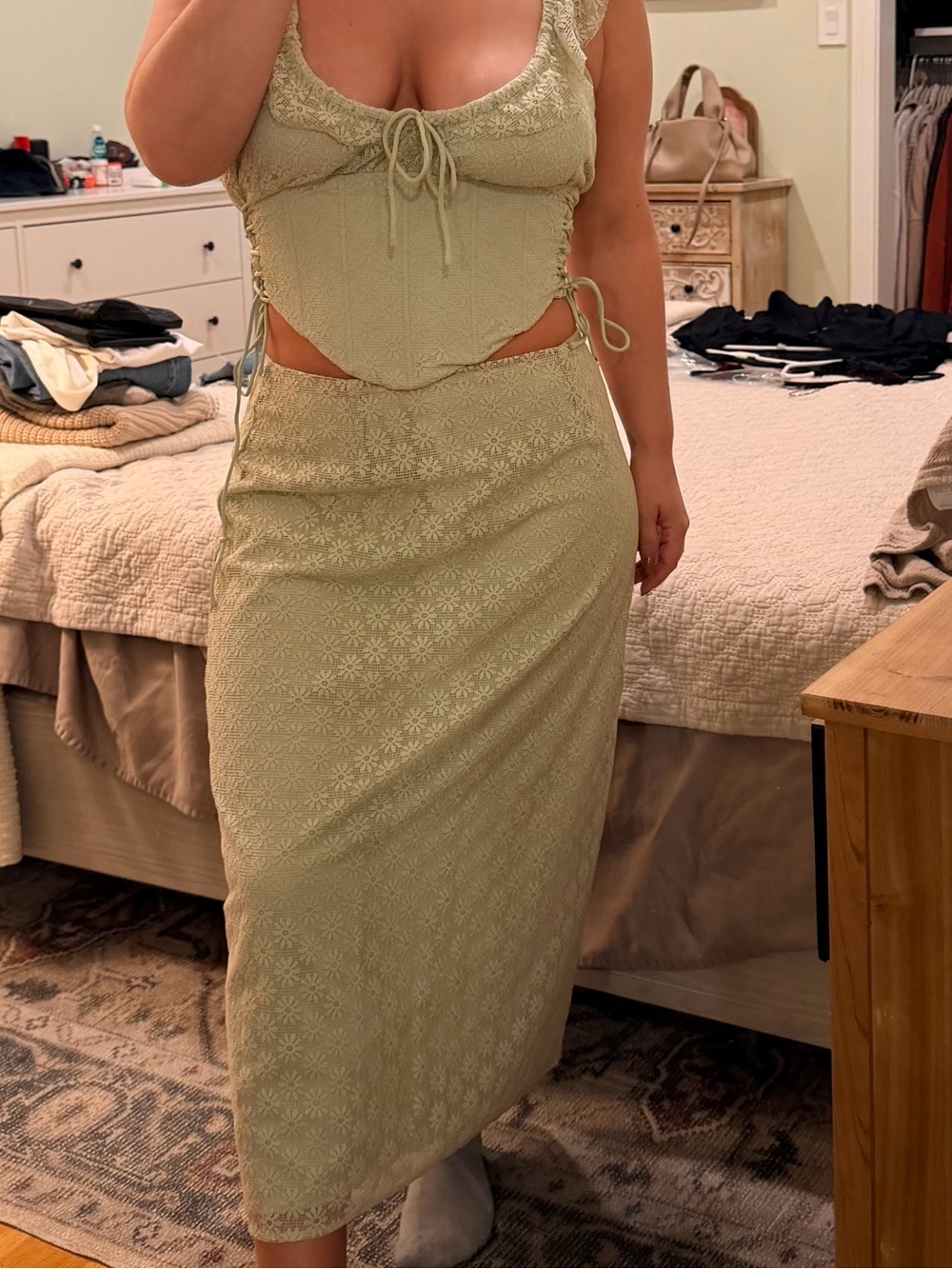 Light Sage Green Lace Midi Skirt & Marching Top